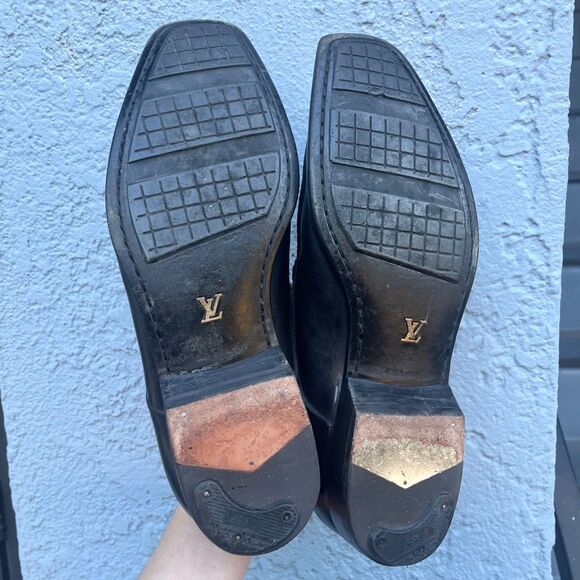 Louis Vuitton Mens Black Leather Lace Up Shoes LV Size 7.5 US 8.5 square toe - Picture 16 of 16